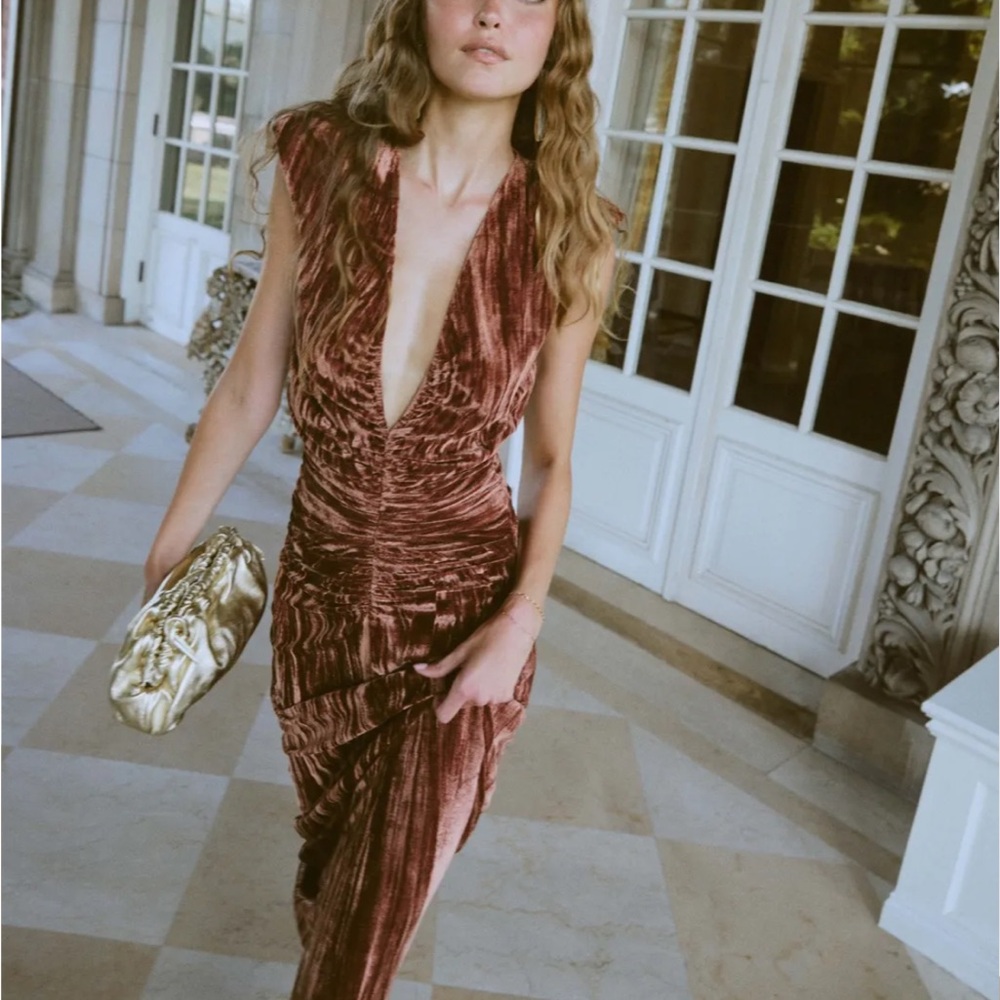 Ronny Kobo Collection Ruched Brown and Gold Gown